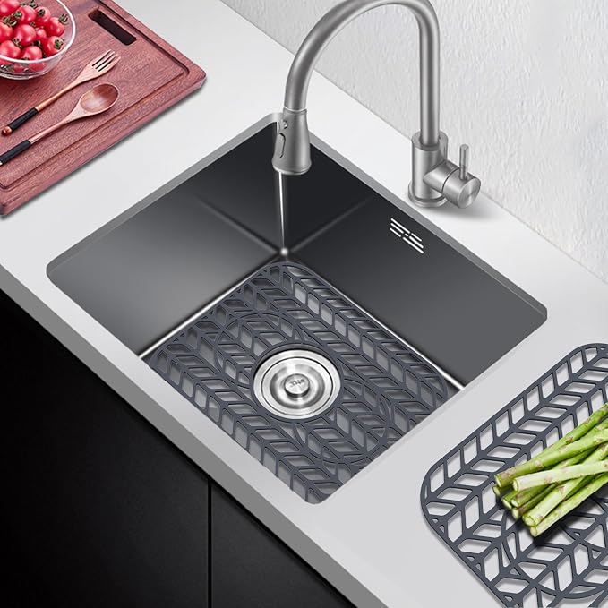 AWOKE Sink Protectors for Kitchen Sink - 13.6"x 11.6" Sink Mat - Heat-resistant Easy-clean Silicone Sink Mat - for Protection of Stainless Steel Sink with 3 Reserved Holes Pack of 2