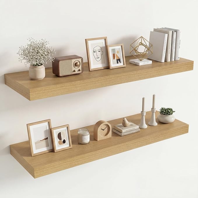Vivelove Deep Floating Shelves 40x12” Set of 2, Oak | Easy Install With Hardware, 2" Thick, Invisible Brackets, Wall Mounted, No Sagging, For Any Room