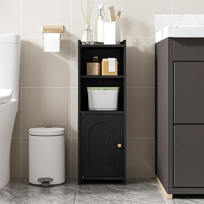 Hzuaneri Bathroom Storage Cabinet, Narrow Toilet Paper Cabinets with Doors | Small Corner Floor Cabinet with Doors and Adjustable Shelf, Bathroom Organizer for Small Spaces, Black BC29704X