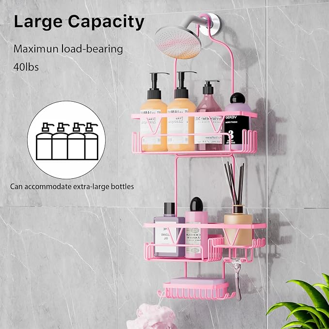 DAOYA Hanging Shower Caddy Over Shower Head, Anti-Swing Shower Organizer For Inside Shower With 2 Soap Holders, Multi Hooks, Rustproof Bathroom Accessories, Pink