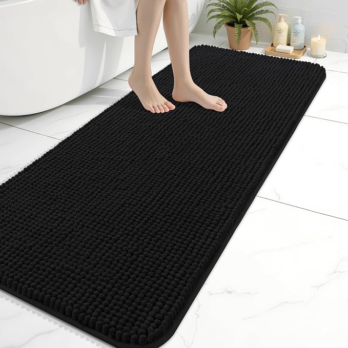 Arotive Chenille Bathroom Rugs 59x20, Soft Absorbent Bath Mat, Black | Rubber Backing, Machine Washable Dry Bath Mats for Bathroom Floor, Tub and Shower, Home Decor Accessories