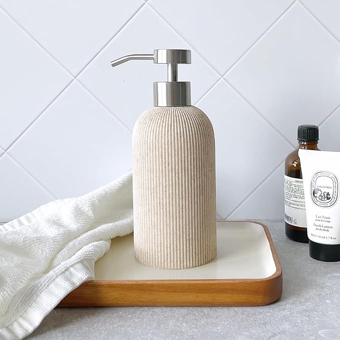 Sand Beige Soap Dispenser with Stainless Steel Pump, 7oz | Luxury Farmhouse Boho Zen Style, Sandstone Finish, Lotion & Dish Soap Dispenser for Bathroom and Kitchen