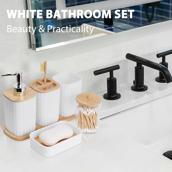 Bathroom Accessory Set, 10 Piece White Bathroom Set Complete | Includes Trash Can, Soap Dispenser, Toothbrush Holder, Soap Holder, Tumbler, Toilet Brush, Tray, Qtip Holders, Tissue Cover