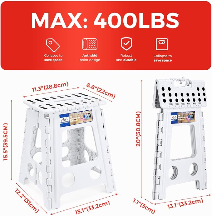 ACKO Folding Step Stool 16 Inch, 400 lbs Capacity with Safety Lock, White | Portable Foldable Stools with Handle, Heavy Duty Collapsible Non-Slip Foot Stool for Adults & Kids, Kitchen Bathroom Outdoor