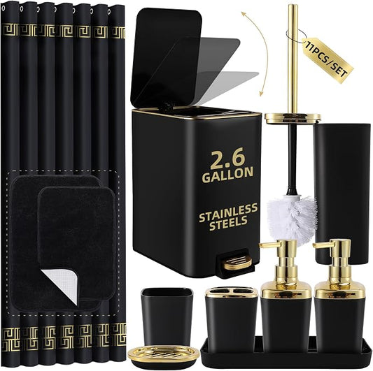 XLHOMO Bathroom Sets with Shower Curtain and Rugs Black Bathroom Accessories Bathroom Set,Soap Dispenser & Toilet Brush Holder Set with Stainless Steel Trash Can