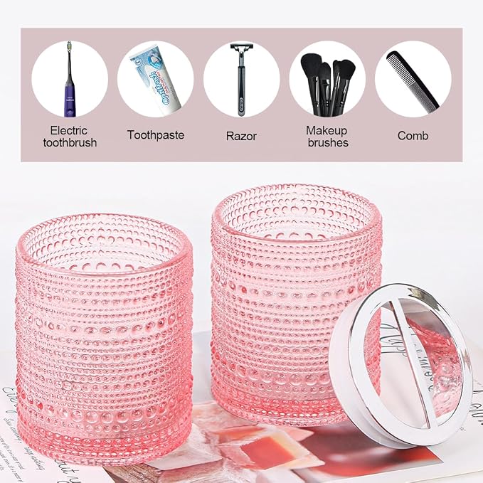Pink Toothbrush Holders for Bathrooms, Glass Toothbrush Holder with 2 Slot Divider, 10oz Bathroom Tumbler and Mouthwash Cup, Tooth Brush Holder for Brushes, Toothpaste