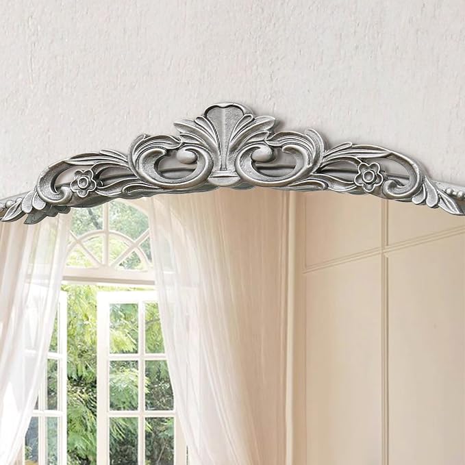 Micasso Vintage Silver Arched Mirror: 32"x24" Baroque Antique Vanity Mirror | Traditional Ornate French Decorative Wall Mirror for Bedroom/Bathroom/Entryway/Hallway/Dresser/Mantel/Nightstand/Over Sink