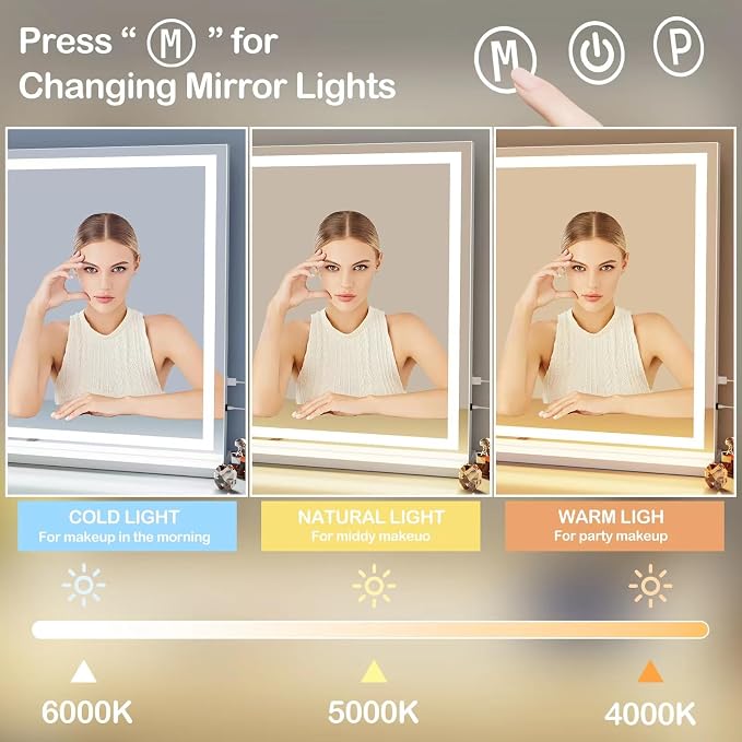 Gvnkvn Makeup Vanity Mirror with Lights 26" x 20" Large LED Makeup Mirror, Light up Mirror with 10X Magnification and USB Charging Port, Dimmable 3 Modes, Touch Screen Control Square Corner