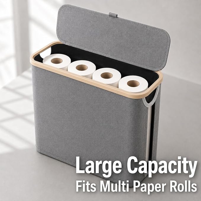 Oxford Fabric Toilet Paper Storage Basket with Lid, Free‑Standing Organizer Basket for Toilet Paper for RV Bathroom (Grey)