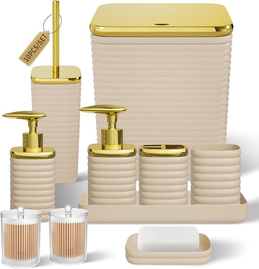 Bathroom Set - 10PC Bathroom Accessory Set, Beige Bathroom Set, Luxury Bathroom Accessories Set, Trash Can, Toilet Brush, Soap Dish, Qtip Holder & Soap Dispenser