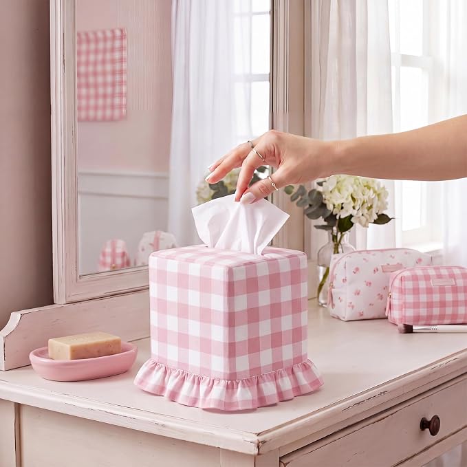 Pink Gingham Tissue Box with Ruffled Cover Cottagecore Handmade Decorative Gingham Napkin Holder for Home Bedroom Living Room Bathroom Vanity Countertop Car Office Kitchen