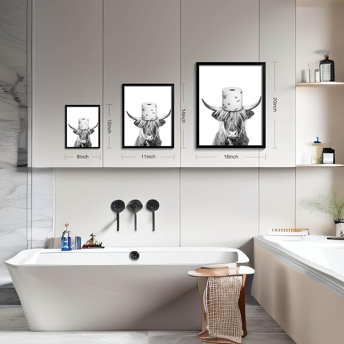 Ardakar Black and White Highland Cow Wall Art, Framed Funny Bathroom Wall Decor, Cute Highland Cow Canvas Print, Funny Kid's Room Decor Wall Art (Framed,16''x20'')