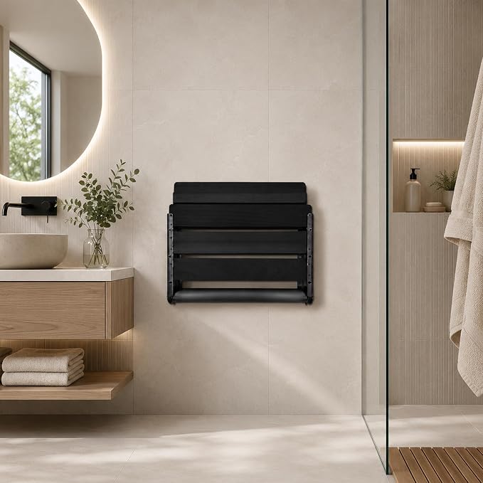 Folding Shower Seat Teak, Bathla Safety Furniture Stainless Steel, Shower Seats for Elderly, Fold Down Shower Seat, Black Wood