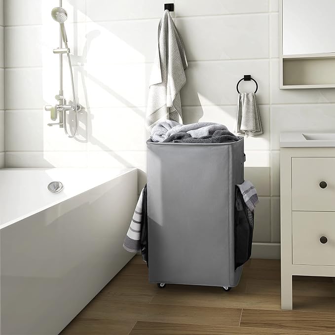 Chrislley Rolling Laundry Basket, 90L Foldable Laundry Hamper with Wheels | Collapsible Clothes Hamper Organizer with Breathable Side Pocket, Laundry Storage Cart for College Student, School Dorm,Grey