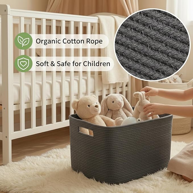 JMvicyroam 65L Large Woven Cotton Rope Blanket Basket, Grey | Blanket storage for living room or bedroom use, Freestanding with reinforced handles, Entire basket is machine washable