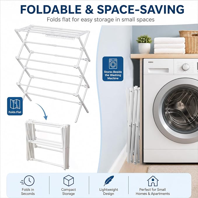 Homde Foldable Drying Rack for Apartments: 11 Poles with 18 Sock Slots | Dries Clothes Socks and Towels-Portable Drying Stand for Laundry and Balcony-Expandable Space Saving Garment Dryer
