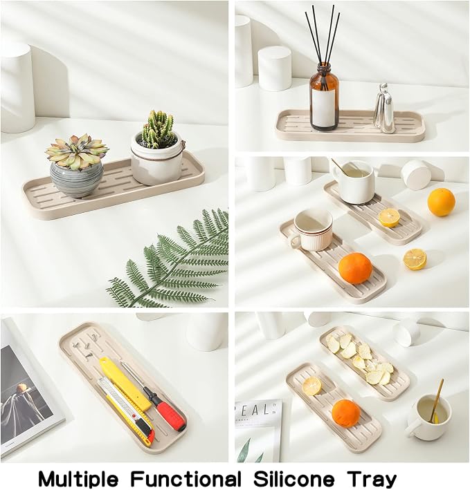 MicoYang Silicone Kitchen Sink Organizer Tray for Multiple Usage,Eco-Friendly Sponges Holder for Kitchen Bathroom Counter or Sink,Dish Soap Dispenser,Scrubber,Bottle,Cup (Tapioca, 12"×4")