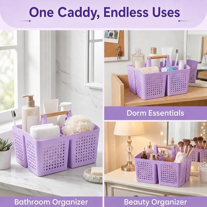 Portable Shower Caddy Basket with 3 Compartments and Handle, Purple | Plastic Divided Beauty Caddy Organizer for Hair Care, Cosmetics, Toiletries, Craft Supplies, Dorms and Vanities