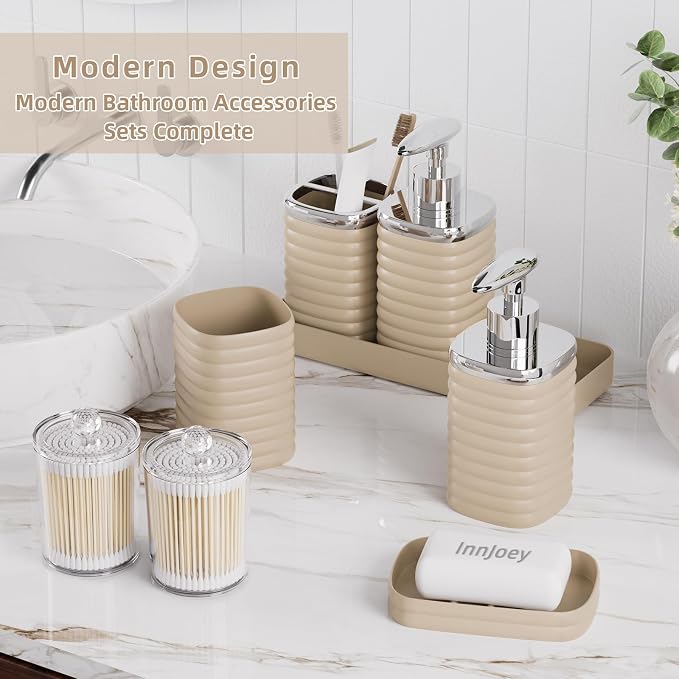 Bathroom Set - 10PC Bathroom Accessory Set, Beige Bathroom Set, Luxury Bathroom Accessories Set, Trash Can, Toilet Brush, Soap Dish, Qtip Holder & Soap Dispenser
