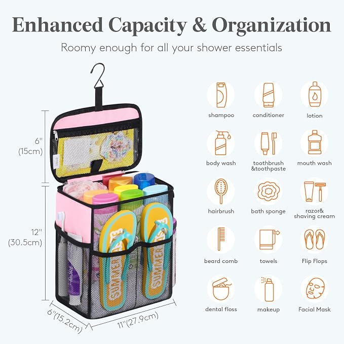 Lifewit Mesh Shower Caddy, Hanging Bathroom Organizer with Slipper pockets | Hanging Hook, Quick Dry, Portable, Toiletry Tote Bag, College Dorm Room Essentials for Beach, Gym, Camping, Travel, Pink