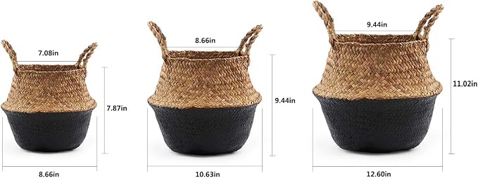 Woven Seagrass Belly Basket for Storage, Laundry, Picnic, Plant Pot Cover, and Grocery and toy storage (Small, Black)
