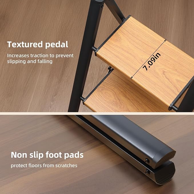 3 Step Ladder, Folding Step Stool, Black & Woodgrain | Wide Anti-Slip Steps and a Foldable, Space-Saving Design for Adults to Use in Kitchens, Closets, Library,300 lbs