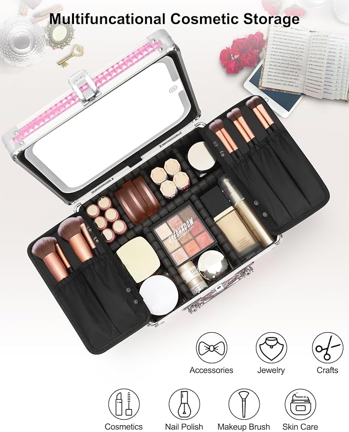 Relavel Makeup Bag with LED Mirror, Makeup Box Travel Train Case with Rechargeable Lighted Mirror, Cosmetic Brush Organizer Storage for Makeup Artists Gifts for Women and Girls, Pink