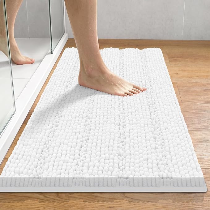 Bcoimo Small Bath Rug Mat,Chenille Extra Soft White Bathhroom Mats for Tub | Non Slip with Rubber Back 24x17 Bathroom Rugs;High Absorbent,Quick Dry Microfiber mat; Machine Washable;Extra Soft Bath Rug