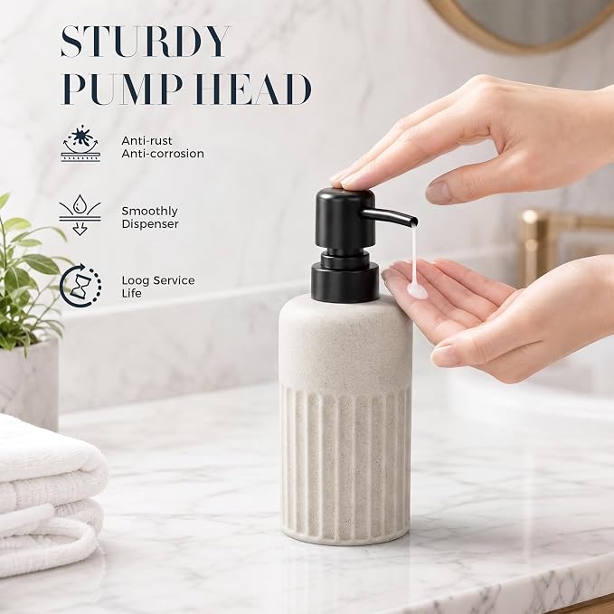 INIUNIK Bathroom Accessory Set, 6 Pieces, Beige | Resin, Bathroom Accessories Set, Includes Soap Dispenser Set, Toothbrush Holders, Tumbler, Vanity Tray & 2 Qtip Holder