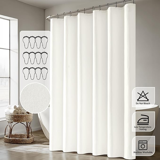 ANRODUO White Linen Textured Fabric Shower Curtain Set - W72xL84 | Farmhouse Shower Curtain with 12 Metal Hooks, Waterproof Heavy Duty, Button Hole Design, Machine Washable for Bathroom