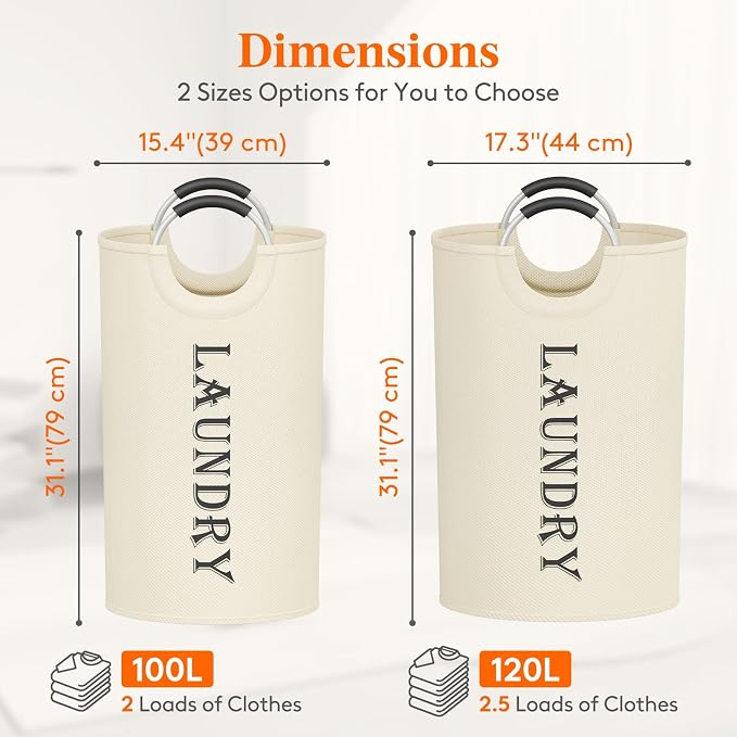 Lifewit 2 Pack 120L Laundry Basket with Aluminum Handles, White | Collapsible Large Laundry Hamper, Waterproof Fabric, Freestanding Dirty Clothes Hampers for Dorm, RV, Bedroom, Laundry Room