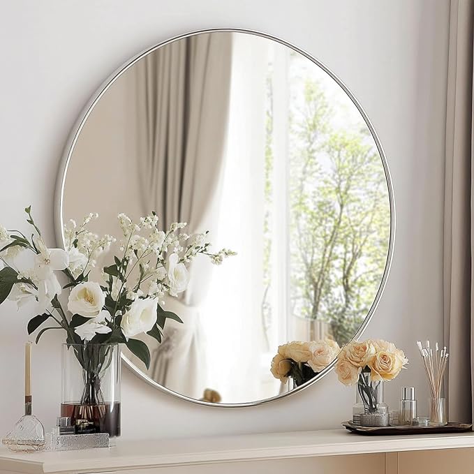 Small Round Mirror, 16 inch Silver Circle Mirror, Silver Metal Frame | High Definition, Waterproof, Rust-resistant, Circular Wall Mirrors for Bathroom, Bedroom, Vanity, Nursery, Kids, Wall Décor