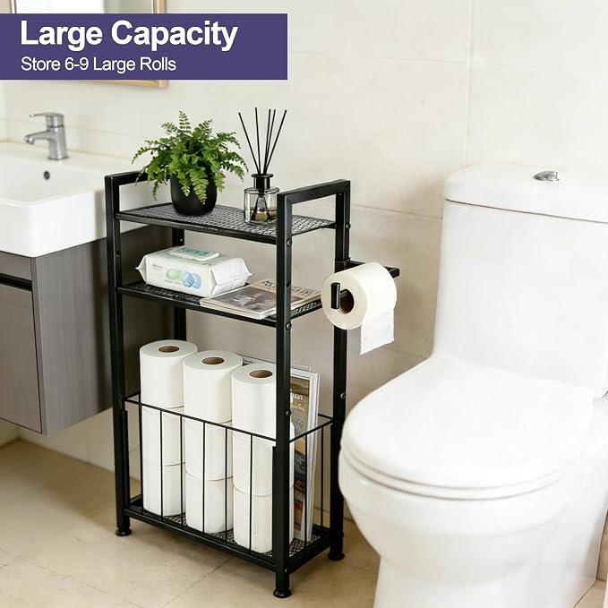 Free Standing Toilet Paper Holder with Shelf, Adjustable Feet Bathroom Toilet Paper Holder Stand for Narrow Space, Roll Dispenser Tissue Holder, Holds Multiple Rolls and Keeps Paper Dry and Clean