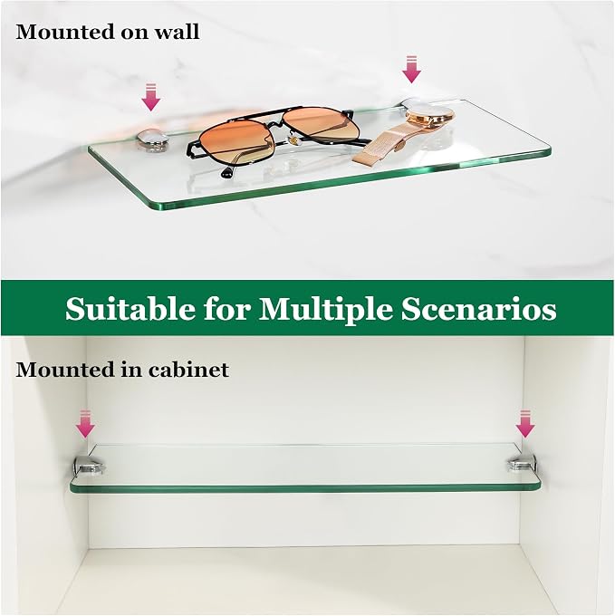 SAYAYO Glass Floating Shelves for Wall, Tempered Glass Shelves for Bathroom | Living Room, Bedroom, Office, Toilet, Kitchen Decor, 12 Inch Set of 3, Clear