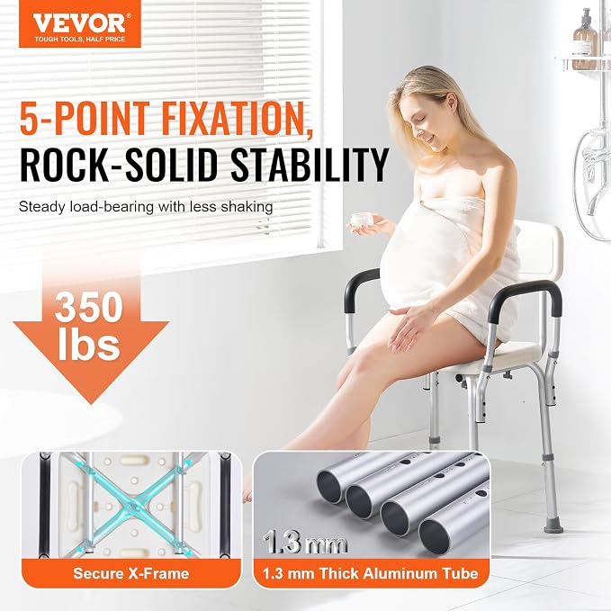 VEVOR Shower Chair, Shower Seat with Back, Adjustable Height Shower Stool, Shower Chair for Inside Shower Bathtub, Non-Slip Bathroom Bench Bath Chair for Elderly Disabled Handicap, 350 LBS Capacity