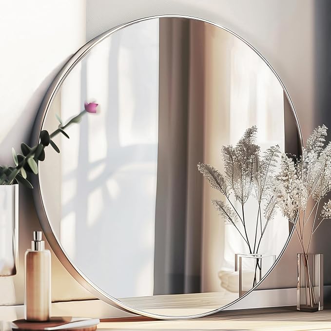 Big Bathroom Mirror 42 inch,Silver Wall Mirror,Brushed Metal Frame | Brushed Silver Metal Frame, High Definition Mirror, Rust-resistant, Circle Mirrors for Living Room, Bedroom, Dressing Room