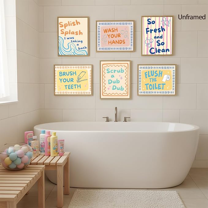 Funny Kids Quotes Bathroom Poster Set 6, Cute Wash Your Hands Toddler Sign Wall Art Trendy Modern Children Toilet Wall Art Quirky Nursery Washroom Decor Canvas Picture Prints 8x10 inch Unframed