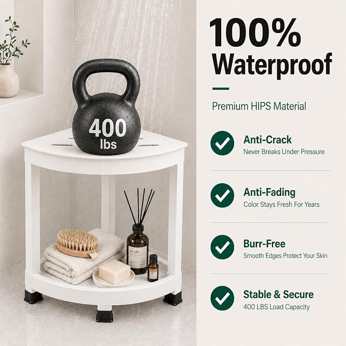 CROWNFURN Shower Foot Rest, HIPS Waterproof Shower Stool for Inside Shower, Corner Shower Bench for Shaving Legs with Baffle Storage Shelf for Small Space, Rapid Assembly DIY Combination Shelf (White)