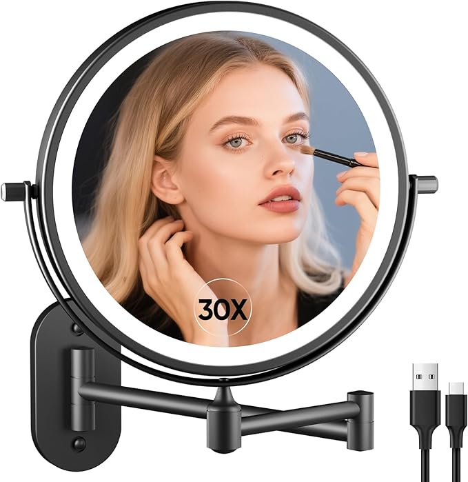 FUNTOUCH 5000mAh Rechargeable Wall Mounted Lighted Makeup Mirror 1X30X | Double Sided 1X 30X Magnifying, 3 Color Lighting, Touch Dimming, Extended Arm 360 Rotation Light up Bathroom Mirror Black