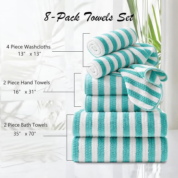 8 Pcs Turquoise Large Cabana Stripe Bath Towel Set Oversized Jumbo Towels | 2 Extra Large Bath Sheets,2 Hand Towels,4 Washcloths for Bathroom Soft Highly Absorbent Towels for Beach Chair Hotel
