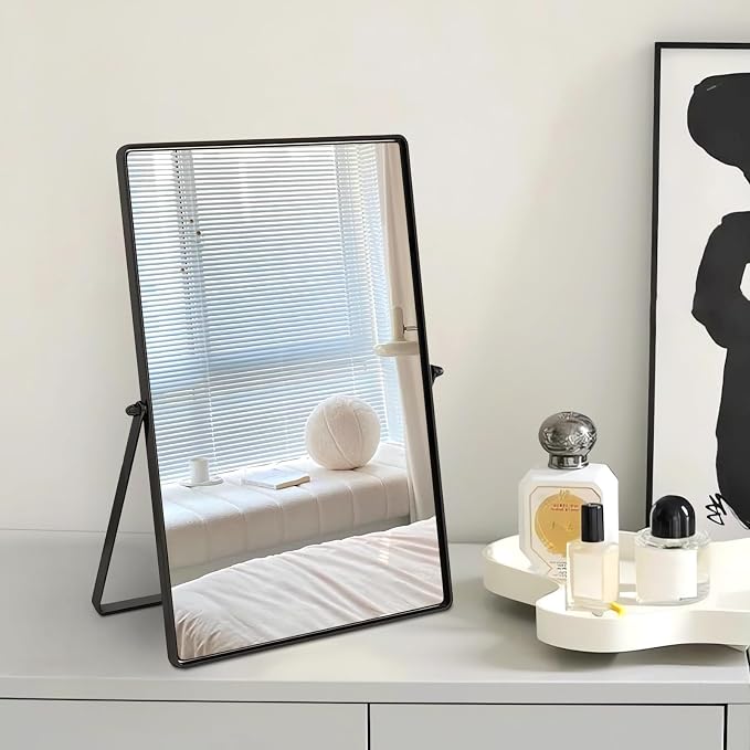 Desktop Makeup Mirror with Black Metal Standing 90° Rotation Vanity Table Mirror Portable Cosmetic Mirror for Dressing Room Bedroom Bathroom Rectangle