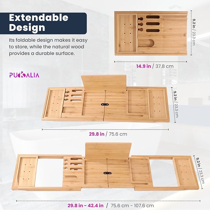 Bath Tray for Tub and Ergonomic Pillow Premium - Caddy Foldable 29 to 43 Inch - Bamboo Wood Tub Organizer - Luxury Bathtub Tray - Bathroom Accessories for Mothers, Birthday Gifts for Mom