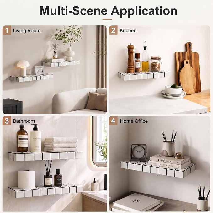Floating Shelves, Set of 2, White with Black Lines | 15.7"W x 6.7"D x 1.5"H, set of 2, 25 lbs per shelf, 3D tile texture, splash-resistant, ~30 min assembly.