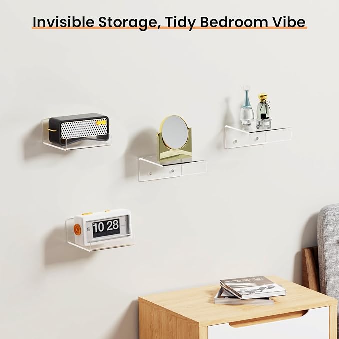 upsimples 4" Acrylic Shelves, Small Shelf for Wall Decor and Display, 4 Pcs | Small Floating Shelf for Plants, Speaker, Toys, Invisible Wall Display for Bathroom, Bedroom, Living Room, Room Decor
