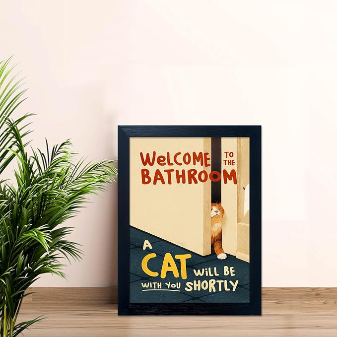 Framed Funny Bathroom Wall Art Welcome to the Bathroom Painting Artworks for Wall A cat Will be With You Shortly Cat Lover Canvas Print Poster Modern Home Decor