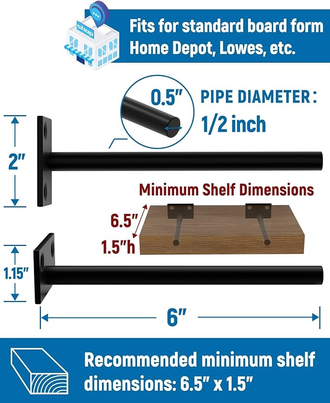 LEOPO 6-Pack 6 inch Floating Shelf Brackets, Hidden Shelf Bracket for Wood | Concealed Blind Shelving Support, Invisible Black Brackets for DIY Decorative, Fit for Kitchen, Bathroom,Study Room