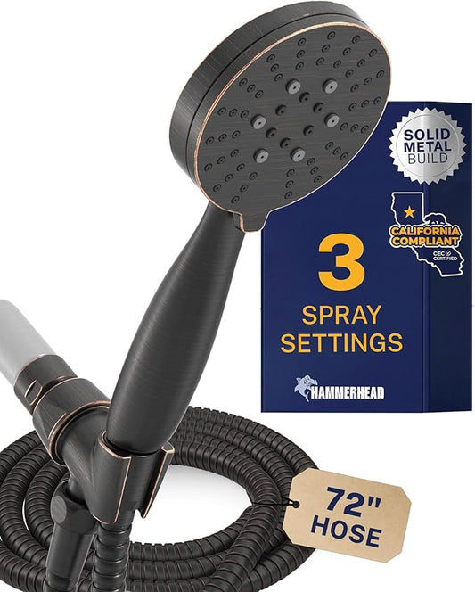 HammerHead Showers® Solid METAL 3-Spray Handheld Shower Head with Long Hose and Holder OIL RUBBED BRONZE - WIDE MASSAGE and MIST Sprays - 1.8 GPM Low Flow Handheld Showerhead -Water Saving Shower Head