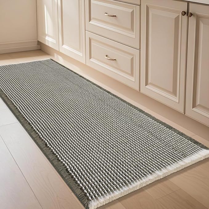 Waffle Bath Mat Green & Cream 4'x2', Boho Woven Modern Bath Mat Rugs, Absorbent Non Slip Bathroom Rugs, Soft Washable Bath Rugs with Tassels for Bathroom, Bedroom, Kitchen, Shower, Tub