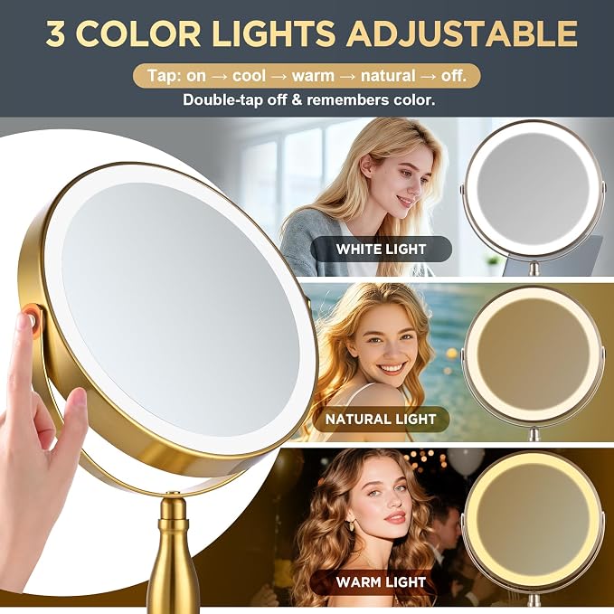Makeup Mirror with Lights, 30X Golden Magnifying Mirror | 5000mAh Rechargeble Double Sided Mirror - Side Charge & Touch, Brightness Adjustable with 3 Colors, 360°Swivel Vanity Mirror