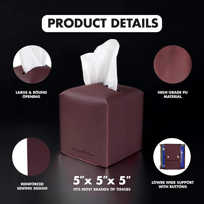 Premium PU Leather Tissue Box Holder - Elegant Hotel-Style Tissue Box Cover for Home, Office & Car Decor, Tissues Cube Organizer for a Natural & Classic Look (D-Brown)